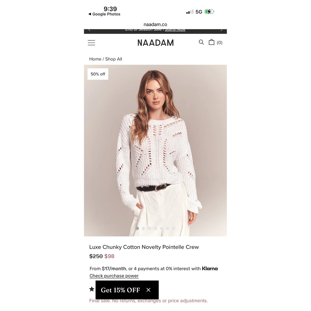 C17 Naadam Luxe Chunky Cotton Novelty Pointelle Crew Sweater White Small NWT - Picture 2 of 9